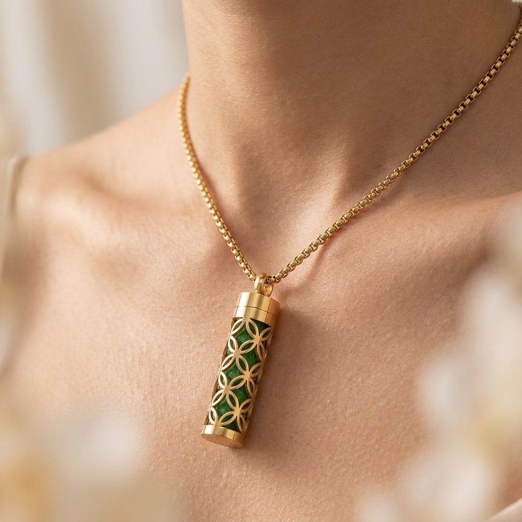 Collier diffuseur d'aromathérapie Gaïa porté autour du cou